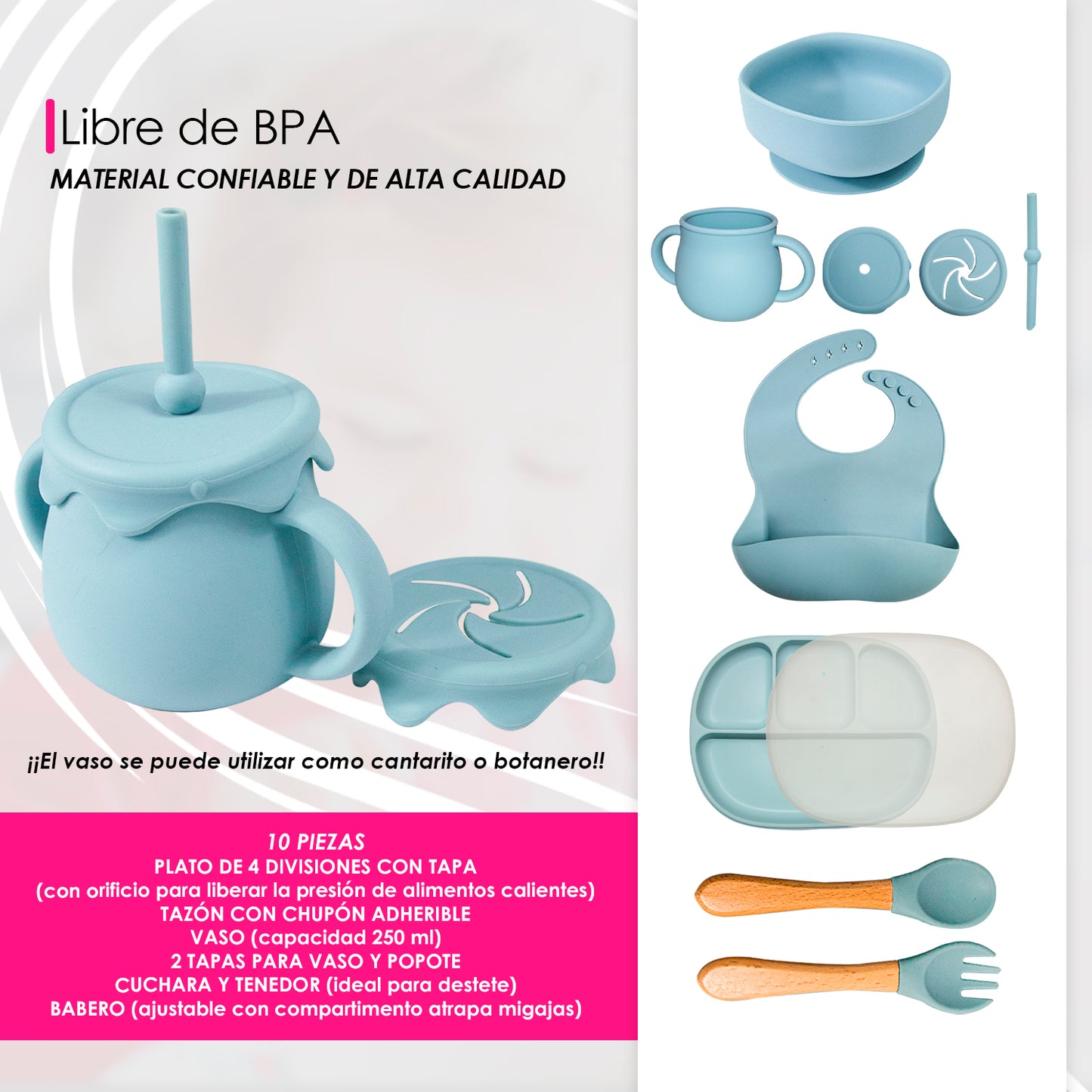 KIT DE PLATO VASO Y CUBIERTOS DE SILICON PARA BEBE/NIÑO