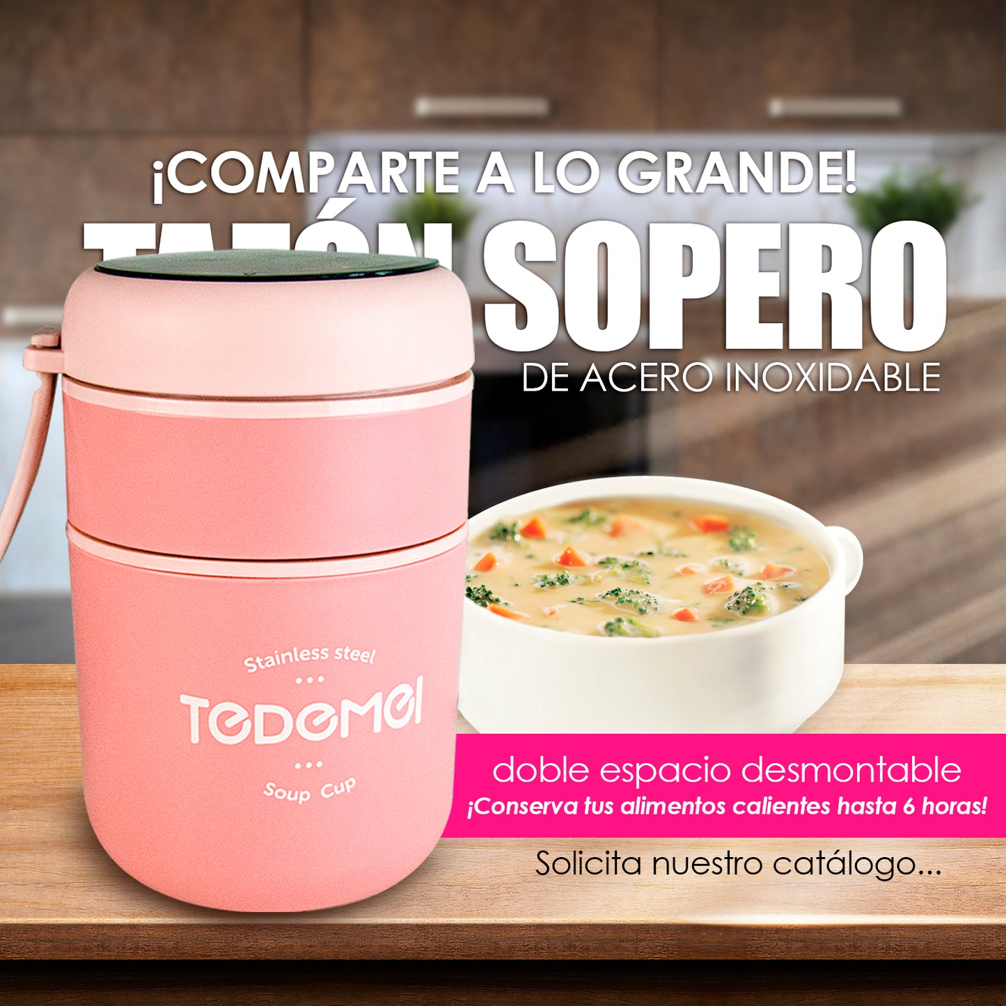 TAZA TERMO DOBLE ESPACIO, DESMONTABLE DE ACERO INOXIDABLE