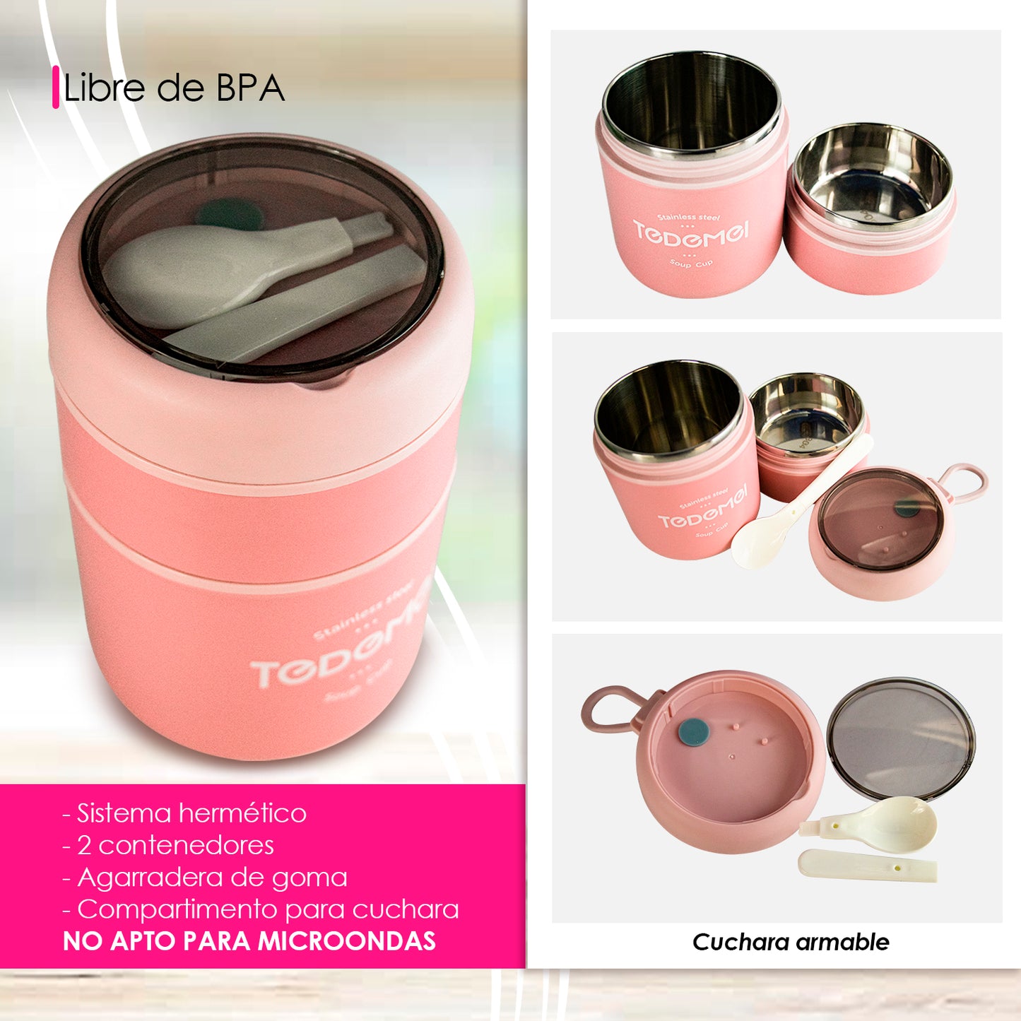 TAZA TERMO DOBLE ESPACIO, DESMONTABLE DE ACERO INOXIDABLE