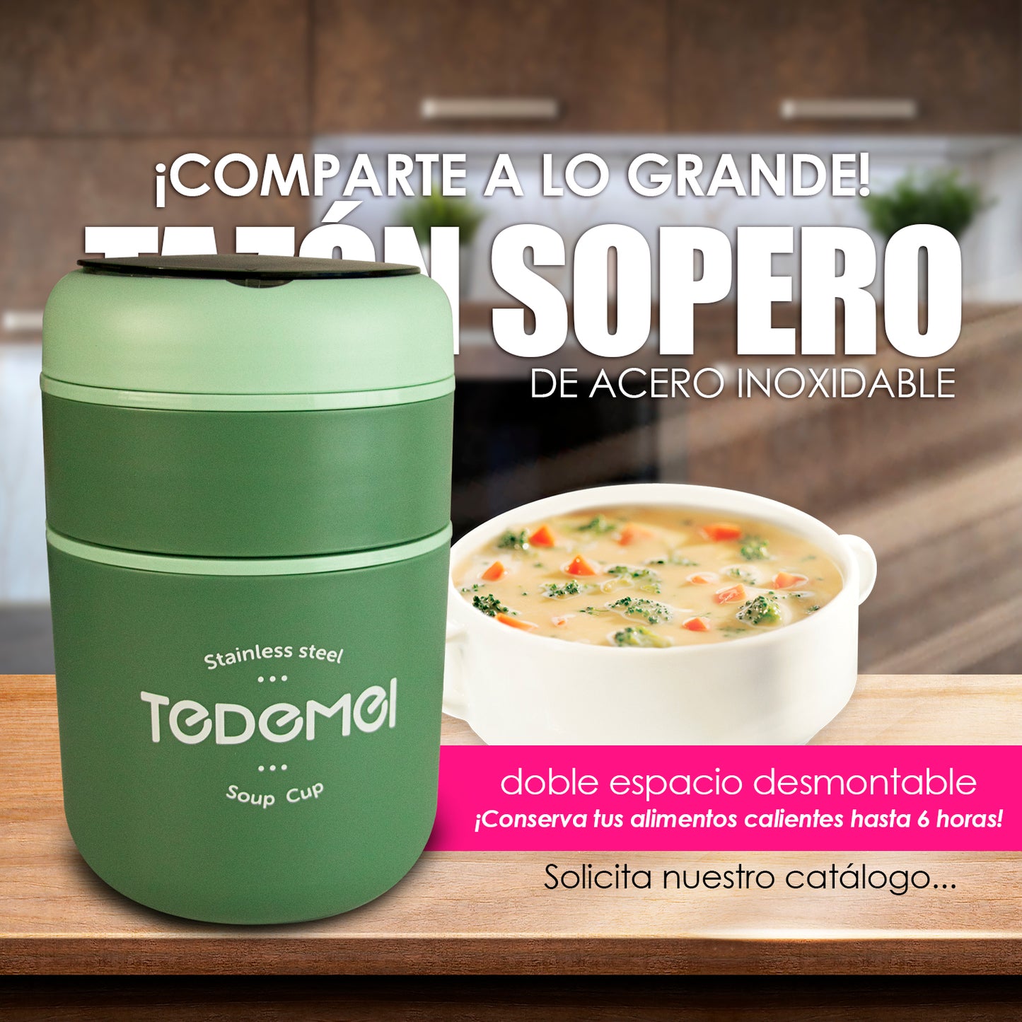 TAZA TERMO DOBLE ESPACIO, DESMONTABLE DE ACERO INOXIDABLE