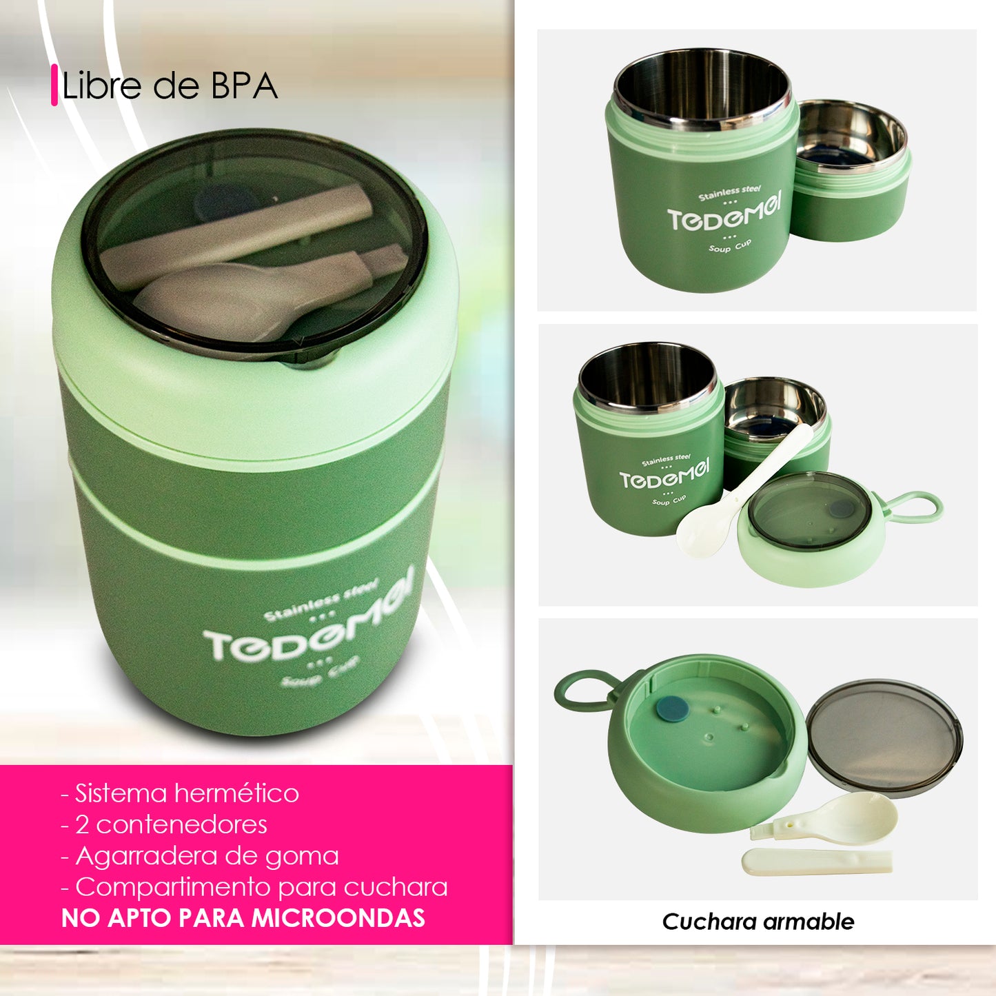 TAZA TERMO DOBLE ESPACIO, DESMONTABLE DE ACERO INOXIDABLE