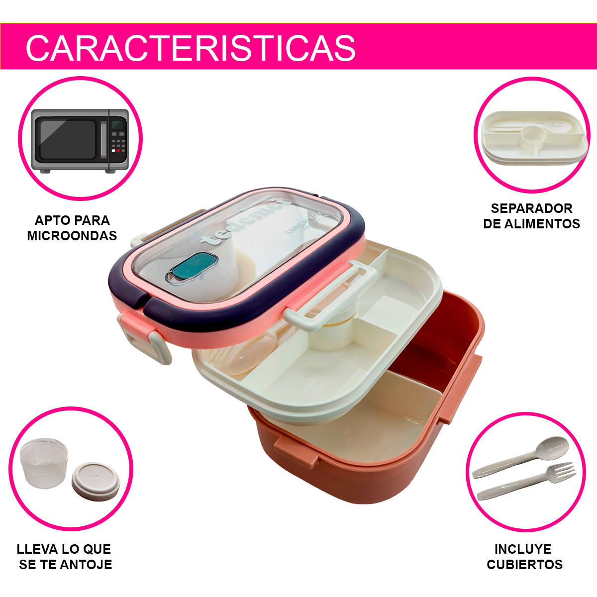 LONCHERA TOPPER CON CUBIERTOS Y PORTA DIP ROSA APTO PARA USO MICRO