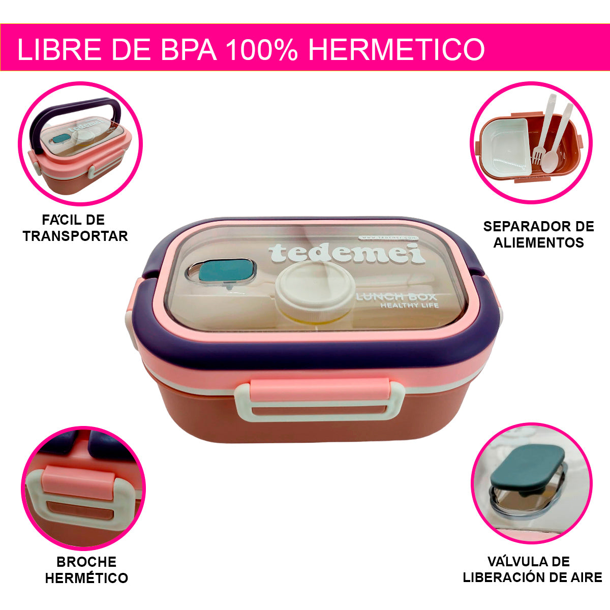 LONCHERA TOPPER CON CUBIERTOS Y PORTA DIP ROSA APTO PARA USO MICRO