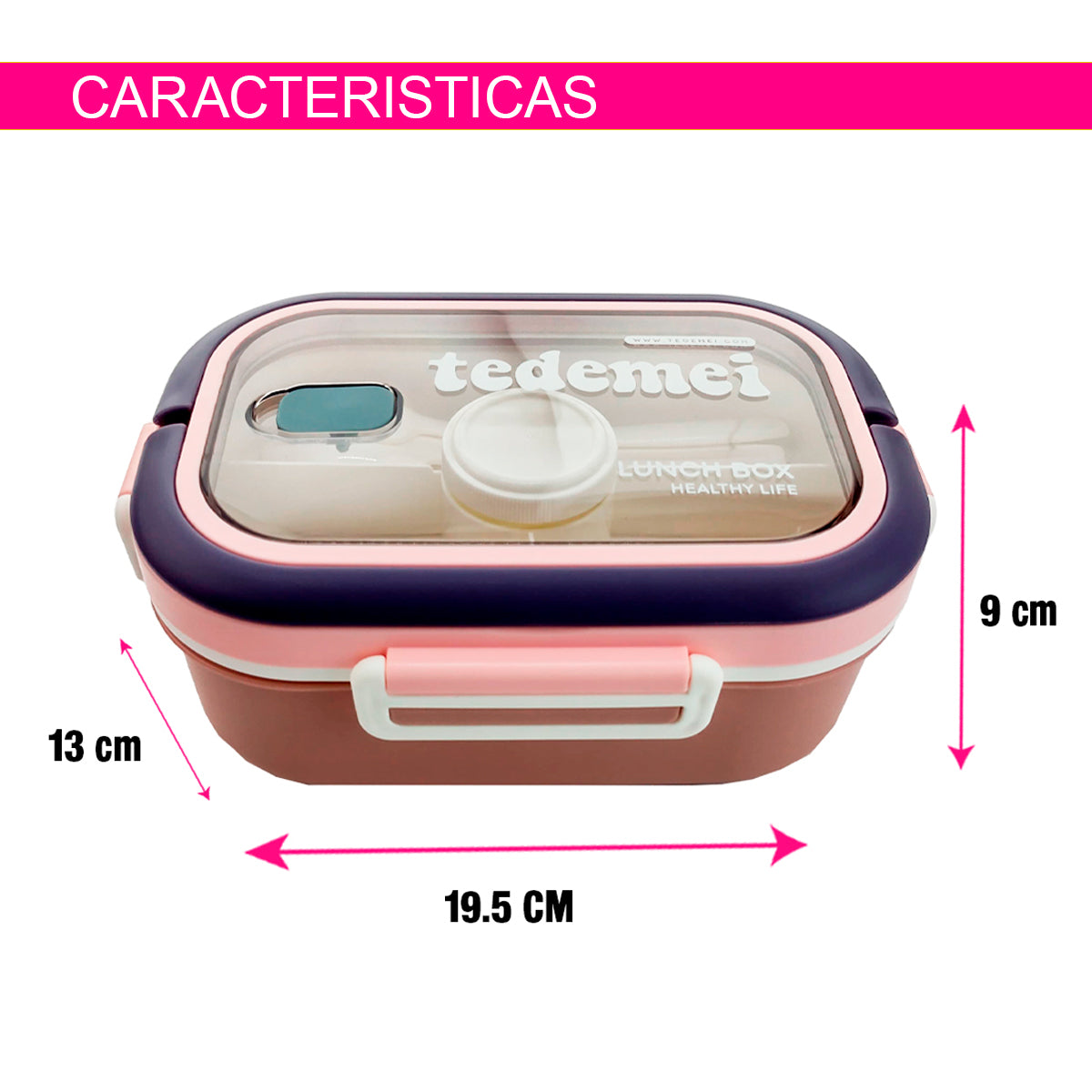 LONCHERA TOPPER CON CUBIERTOS Y PORTA DIP ROSA APTO PARA USO MICRO