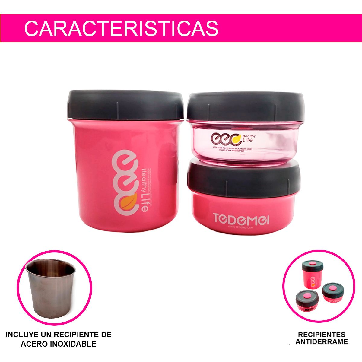 SET 3 TOPPERS LONCHERAS DESAYUNO CONTIENE 1 TERMO ACERO INOXIDABLE