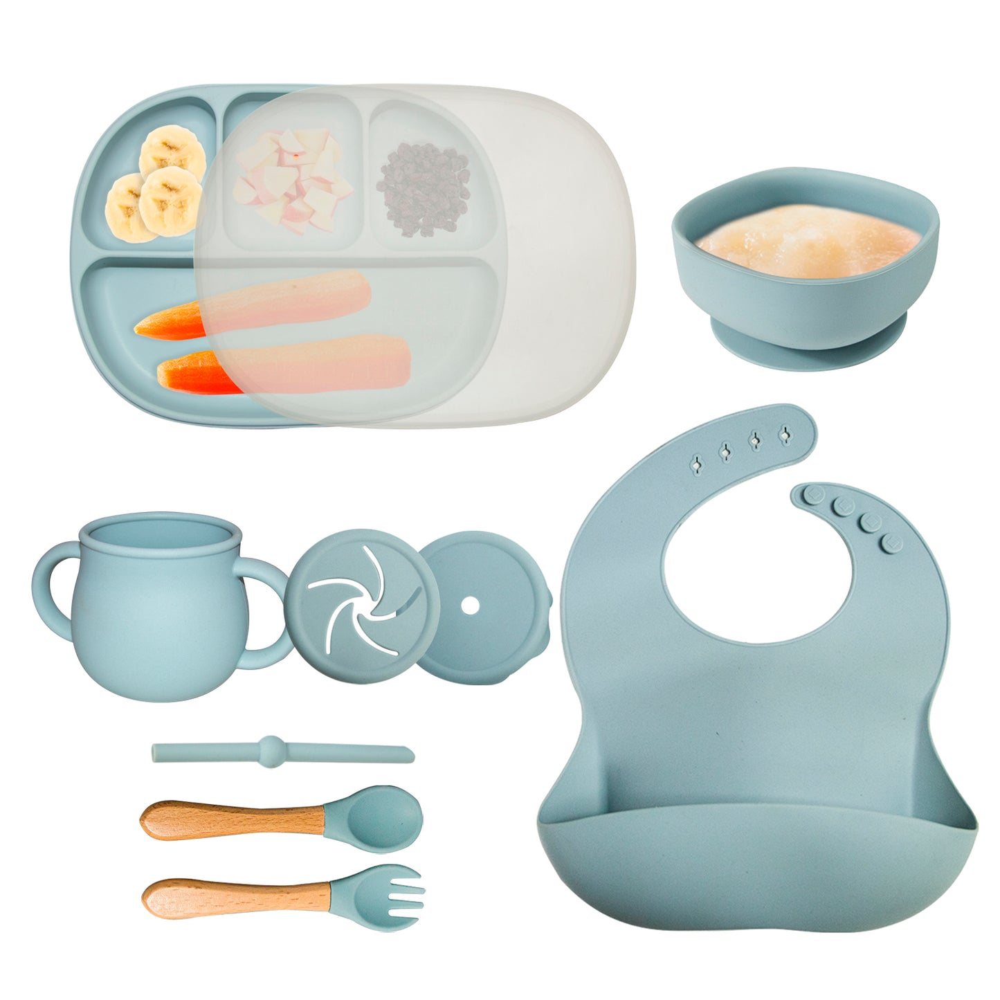 KIT DE PLATO VASO Y CUBIERTOS DE SILICON PARA BEBE/NIÑO